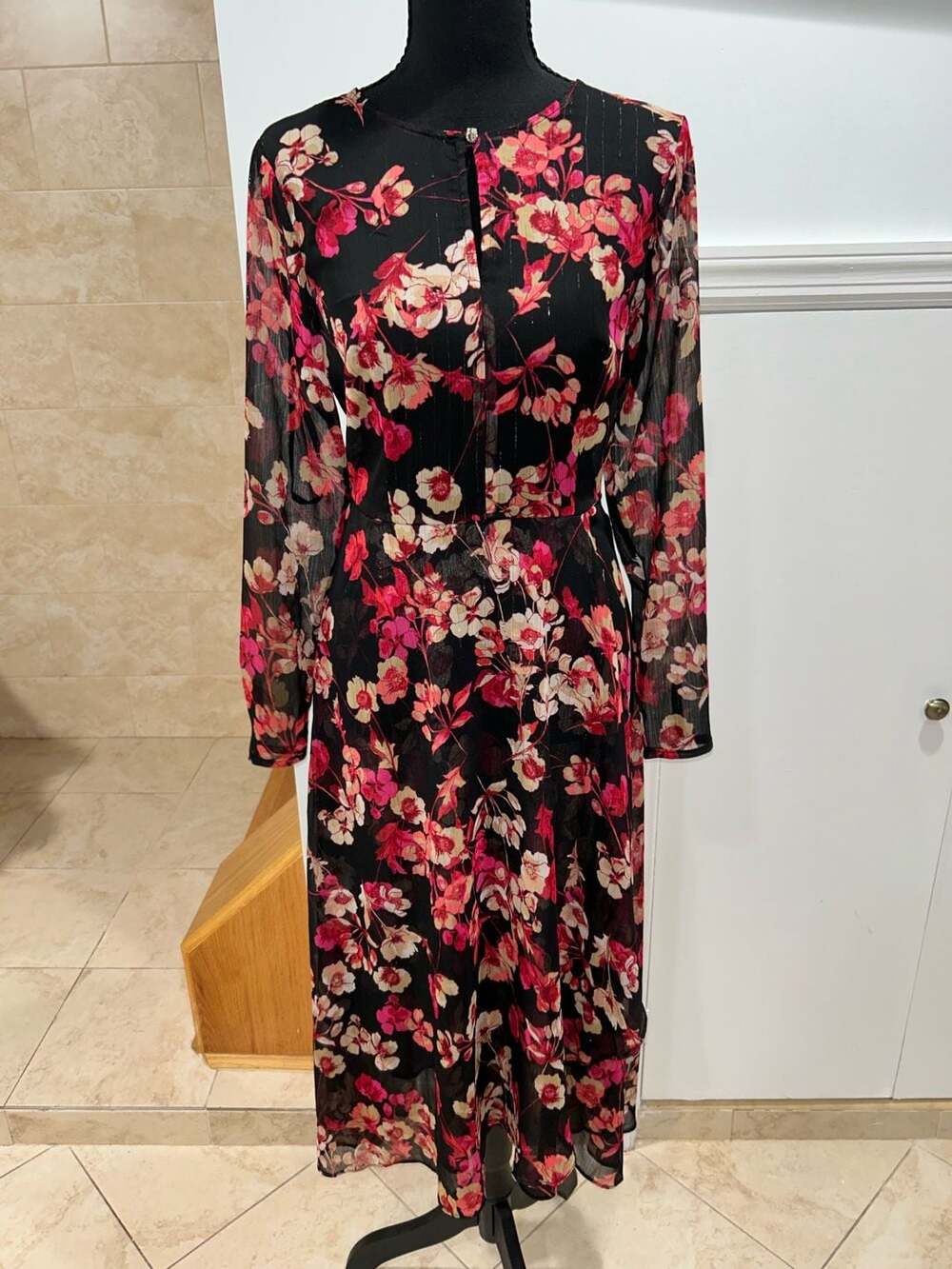 Tommy Hilfiger Women Black Red Floral Long Sleeve Maxi Dress Size 2